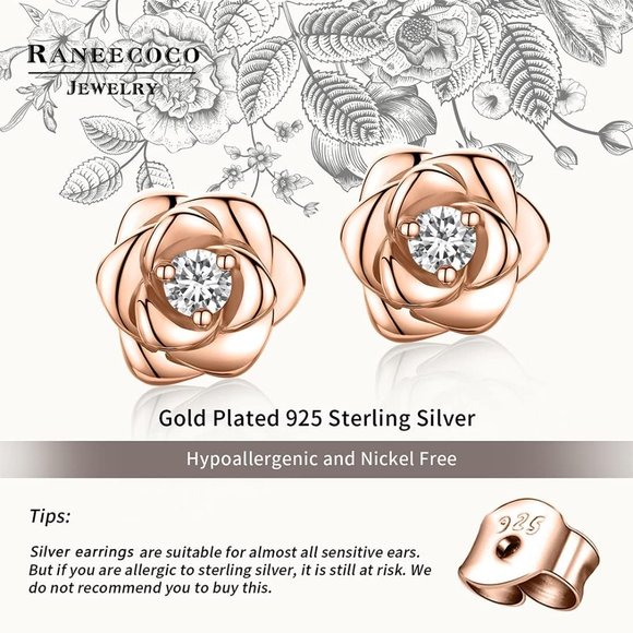 Women's Gold Plated Sterling Silver Rose Flower Earring - Picture 2 of 11